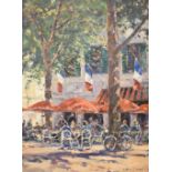Anthony J. Avery - Oil on canvas - 'Red Parasol' being a French Café Scene, signed lower right, 60cm