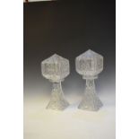 Pair of good quality cut glass table lamps, having square cut shades on square tapered supports,