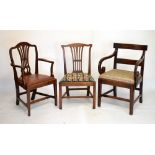 19th Century mahogany bar back elbow chair, one other elbow chair and a single chair