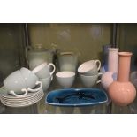 Group of Poole pottery to include; coffee set, three vases and aqua blue dish having dolphin at