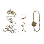 Assorted 9ct gold and yellow metal jewellery to include; cocktail watch, signet ring, chain and