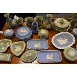 Quantity of Wedgewood blue and green jasper ornamental ware, and one other similar oval wall plaque
