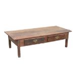 Part 18th Century oak table, the three-plank top over two drawers on shortened square section
