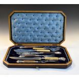 Late Victorian inlaid mahogany-cased silver-mounted stag horn and silver-plated part carving set,