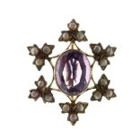 Yellow metal, seed pearl and amethyst-coloured stone bar brooch of snowflake design, 30mm wide,