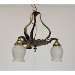 Brass Art Nouveau design three branch ceiling light fitting having hammered finish and pierced and