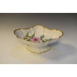 Davenport cartouche-shaped pedestal fruit bowl having central floral decoration and gilt rim, 30cm