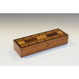 Late 19th/early 20th Century inlaid games box, the hinged cover with cribbage board, enclosing