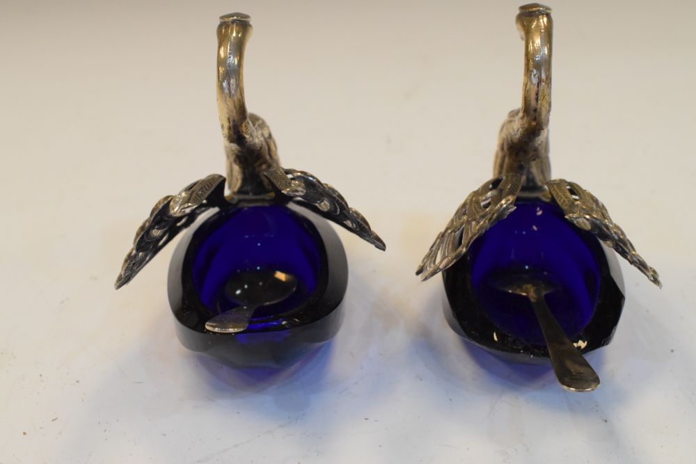 Pair of Continental white metal and blue glass swan-form salts, each stamped 800, with pierced - Image 6 of 8