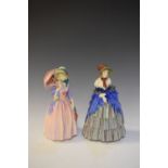 Two Royal Doulton figures comprising: Victorian Lady HN1345 and Miss Demure HN1402, 20cm high