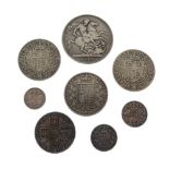 Coins - Group of Victorian coinage to include 1889 Crown (Old Head), three Half Crowns, 1845,