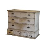 19th Century cream-painted pine chest of three long drawers on a matching stand of three short