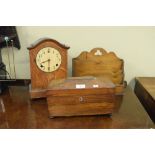 19th Century rosewood sarcophagus shaped tea caddy, an oak cased mantel clock and an Edwardian