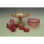 Late 19th Century Bohemian overlay cranberry glass bowl, white on clear, on associated porcelain