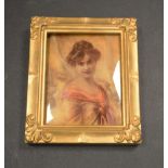 Victorian chrystoleum depicting a half length portrait of a lady within a gilt frame, 12cm x 9.5cm