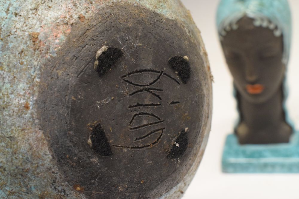 Pair of turquoise glazed pottery bookends formed as stylised female heads, together with a similarly - Image 10 of 11