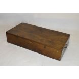 Large wooden trunk or case of shallow form with carry handles and hinged cover, 122cm wide