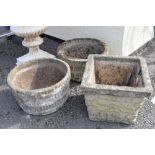 Pair of circular reconstituted garden planters, 47cm diameter x 27cm high, together with a square