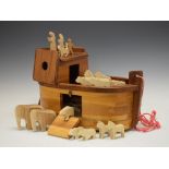 Scratch built pine and mahogany pull-along Noah's Ark with animals, 50cm long
