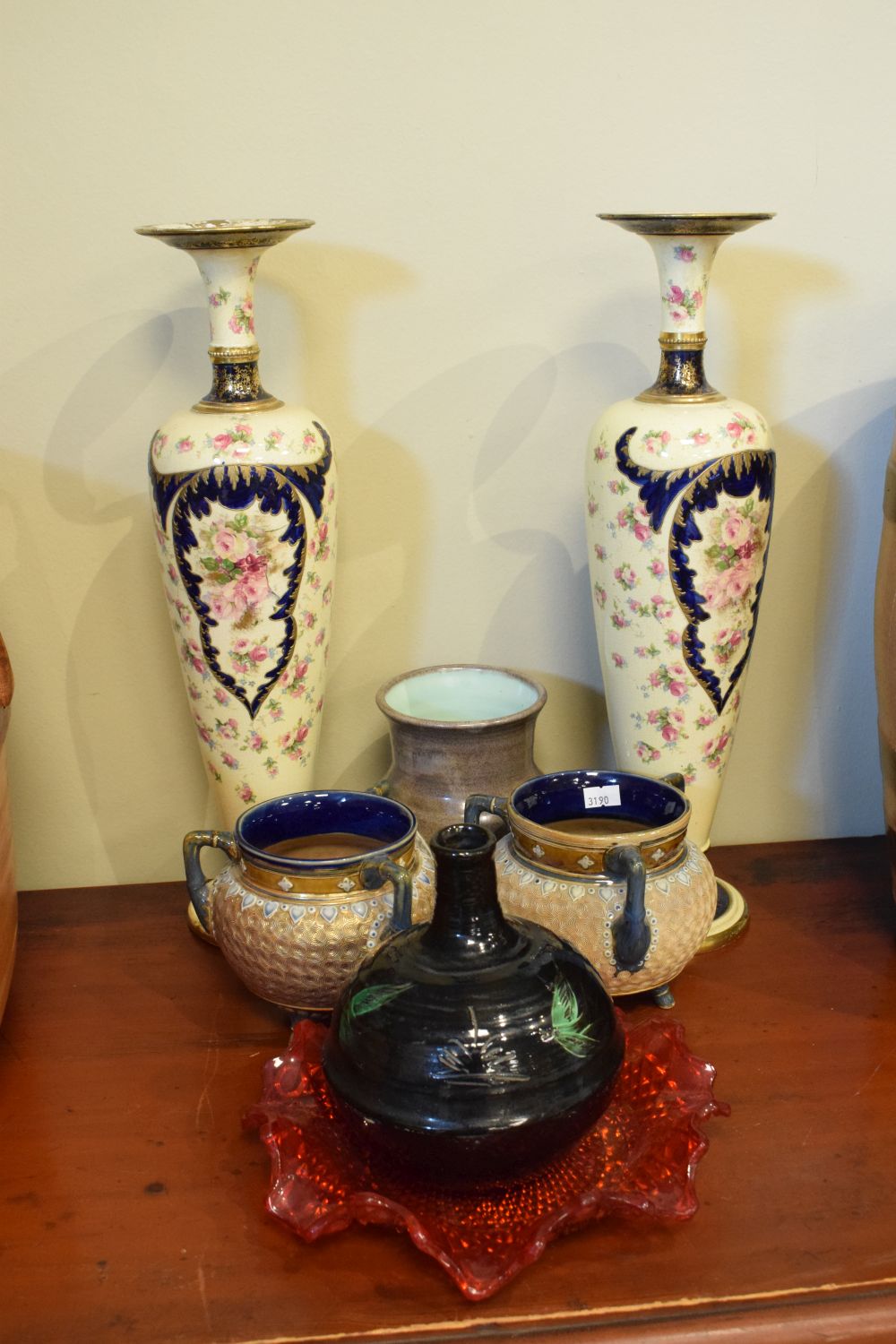 Pair of Royal Doulton Slaters Patent cauldron style jardinières, a pair of Staffordshire pottery