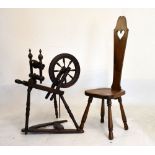 Vintage oak, pine and beech spinning wheel standing 74cm high, together with a high back spinning