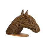 Wicker bust of a horses head, on an oval pine plinth, 60cm high