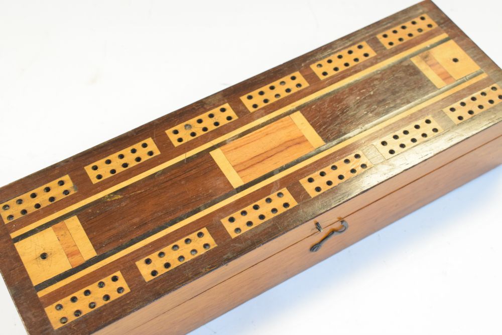 Late 19th/early 20th Century inlaid games box, the hinged cover with cribbage board, enclosing - Image 4 of 6