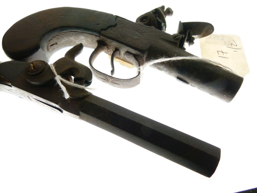 Flintlock box lock pocket pistol by Nock, London, round turn-off barrel 4.5cm with slab sided butt - Image 10 of 10