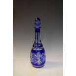 Blue-flashed cut glass hock decanter, 35cm high