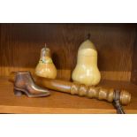 Two turned wooden pear shaped boxes and covers, a truncheon and a boot shaped box