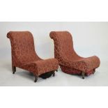 Pair of 19th Century nursing chairs in matching later upholstery, on swivel castors, 65cm high (2)