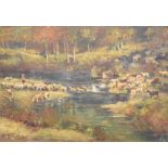 A. Salvetti - Oil on board - Shepherds leading sheep through a stream, signed and dated 1921,
