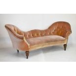 Victorian deep-buttoned tub-back parlour settee on turned front supports, approximately 213cm wide