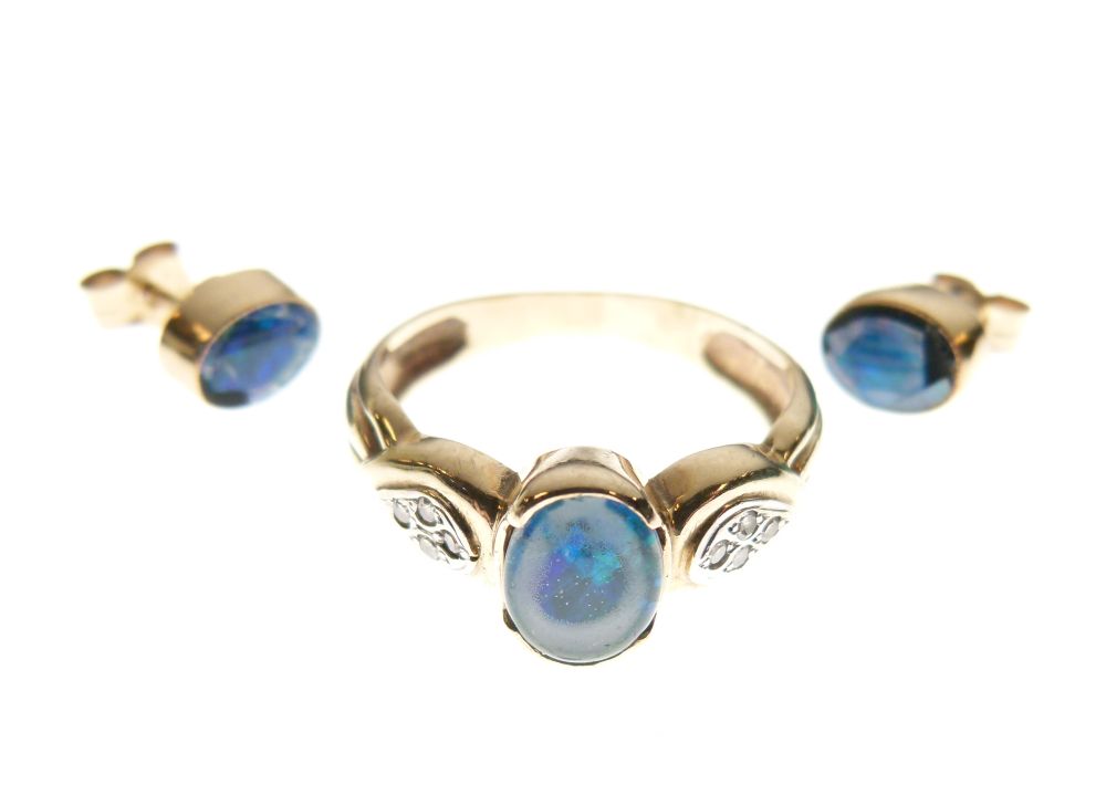 9ct gold dress ring set opal cabochon, size P, together with a similar pair of 9ct gold earrings,