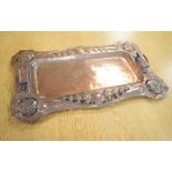 Arts & Crafts embossed copper rectangular two-handled tea tray having pierced border, 64cm x 38cm