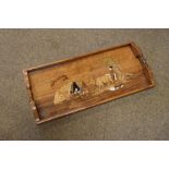 Indian hardwood and marquetry decorated two-handled rectangular tea tray depicting two women and