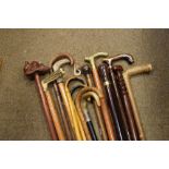 Large collection of assorted walking canes, sticks etc including one housing a spirit flask