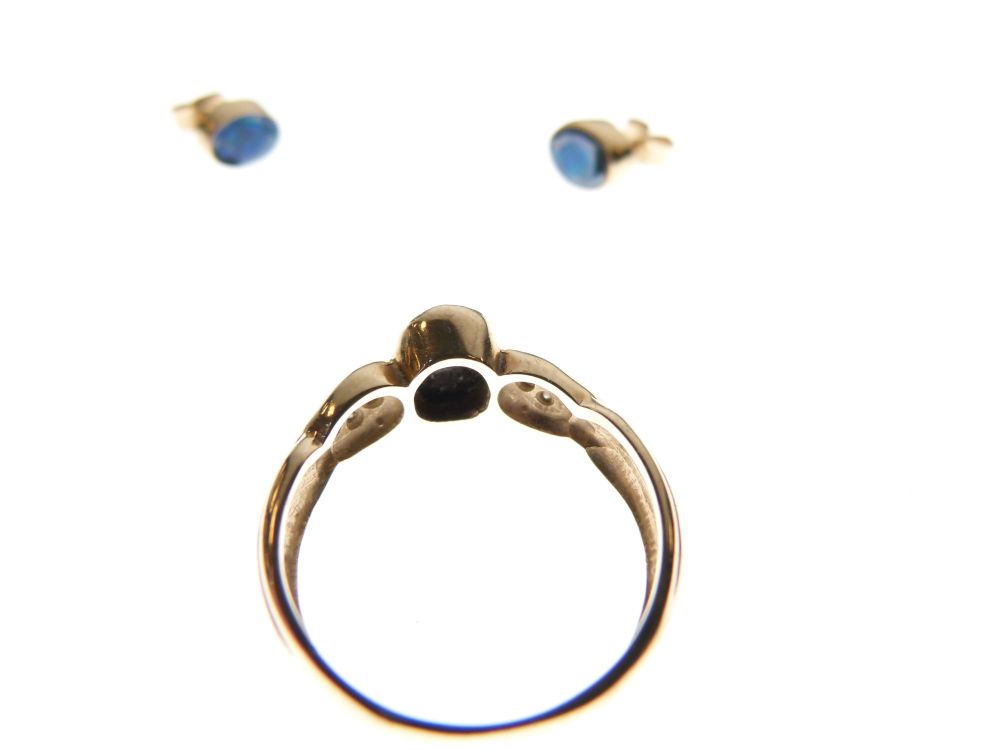 9ct gold dress ring set opal cabochon, size P, together with a similar pair of 9ct gold earrings, - Image 6 of 8