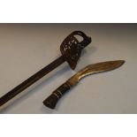 British 1897 pattern Officers sword N/S, plus a damaged Kukri knife N/S, and a leather scabbard