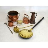 Quantity of copper and brassware including 18th/19th Century warming pan, copper kettle etc
