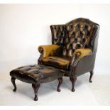 Thomas Lloyd - Good quality reproduction deep-buttoned antiqued tan leather wing armchair with