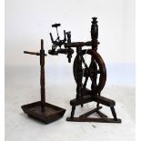 19th Century treen spinning wheel and accessories