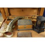 Oak and silver plated tea caddy having hinged cover, musical thermidor, hunting horn, scribe set,