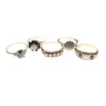 Four 9ct gold dress rings, together with a fifth unmarked yellow metal ring, 13g gross approx (5)