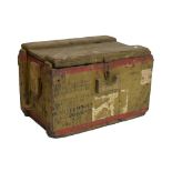 Military Interest - World War II-era munitions box with khaki and red paint and assorted stamps,