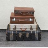 Five assorted vintage suitcases and briefcases to include two stitched tan leather examples (5)