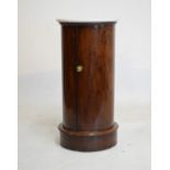 19th Century figured mahogany cylindrical pot cupboard having white marbled top, with door opening