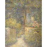 20th Century oil on board - Cottage garden, within a gilt frame, 24cm x 19cm