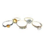 Five assorted 9ct gold and unmarked yellow metal dress rings, 9.7g gross approx