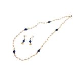 Yellow metal, freshwater pearl and blue bead necklace, stamped 9ct, together with a similar pair